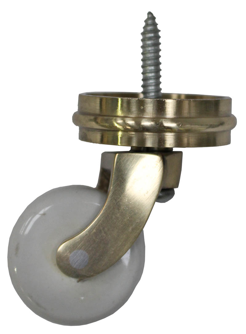 Brass Screw Castor with White Ceramic Wheel and Round Embellisher 38mm