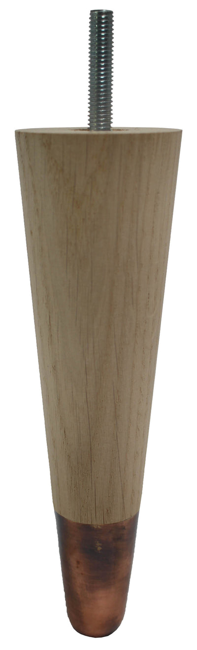 Carin Solid Oak Tapered Furniture Legs - Raw Finish - Antique Copper Slipper Cups - Set of 4