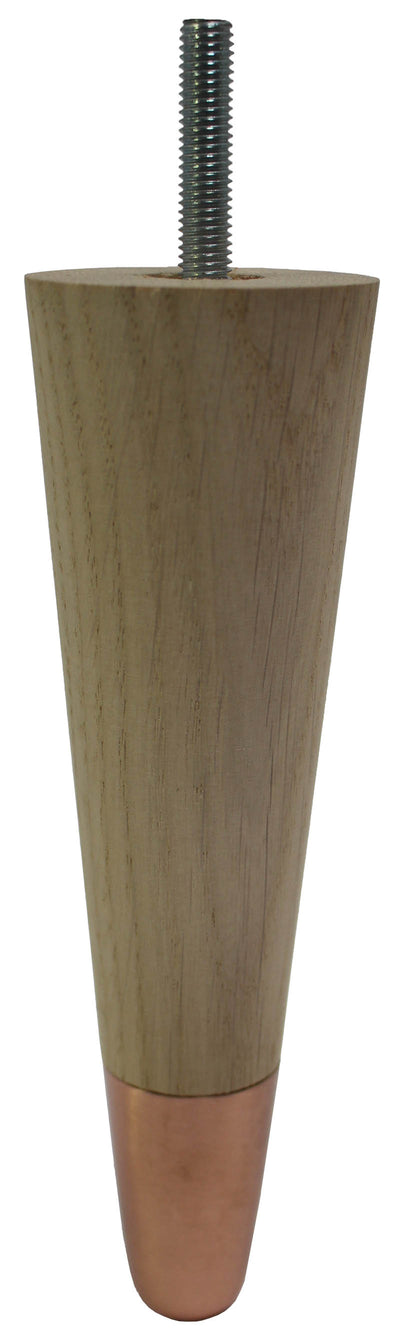 Carin Solid Oak Tapered Furniture Legs - Raw Finish - Copper Slipper Cups - Set of 4
