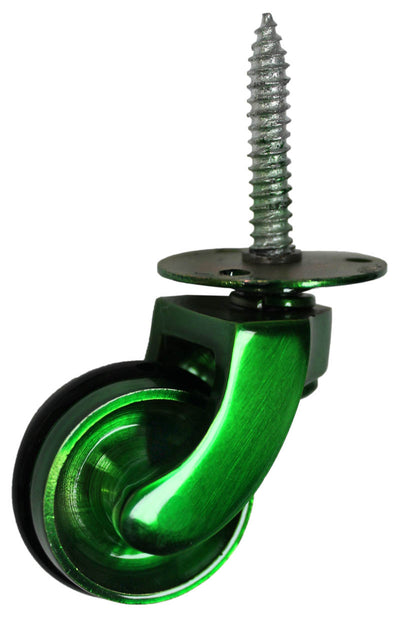 Green Brass Castor Screw Plate with Rubber Tyre - 1 1/4 Inch (32mm) - Including Screws