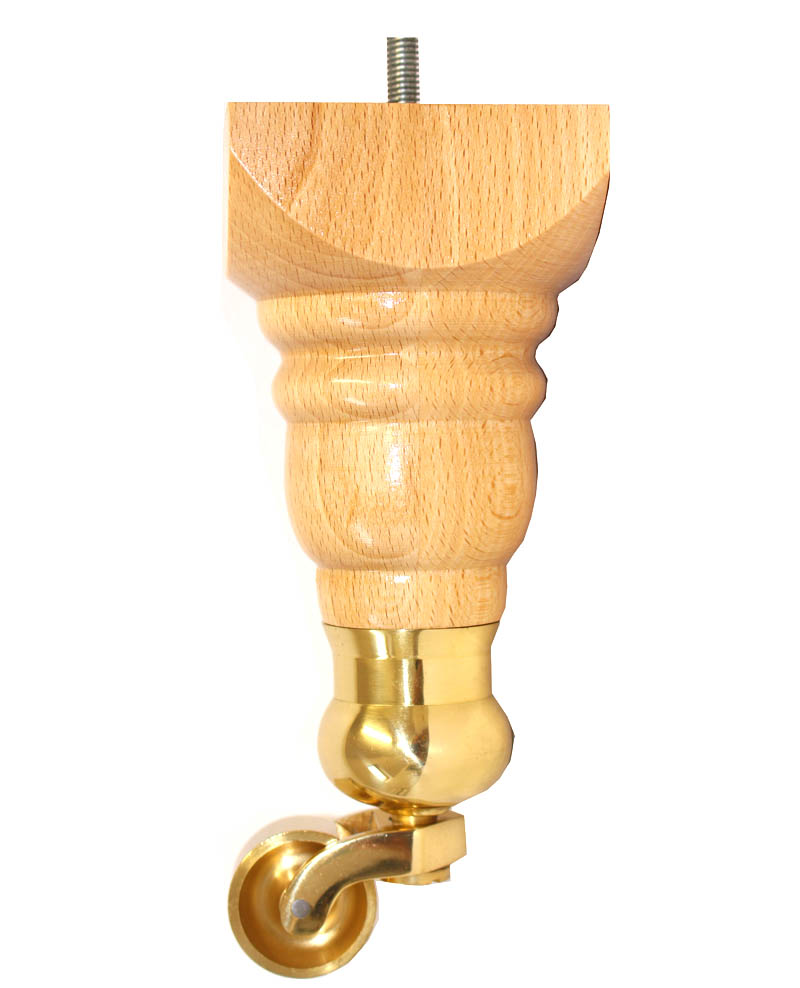Poppy Wooden Furniture Legs - Natural Gloss Finish - Brass Cauldron Castor - Set of 2