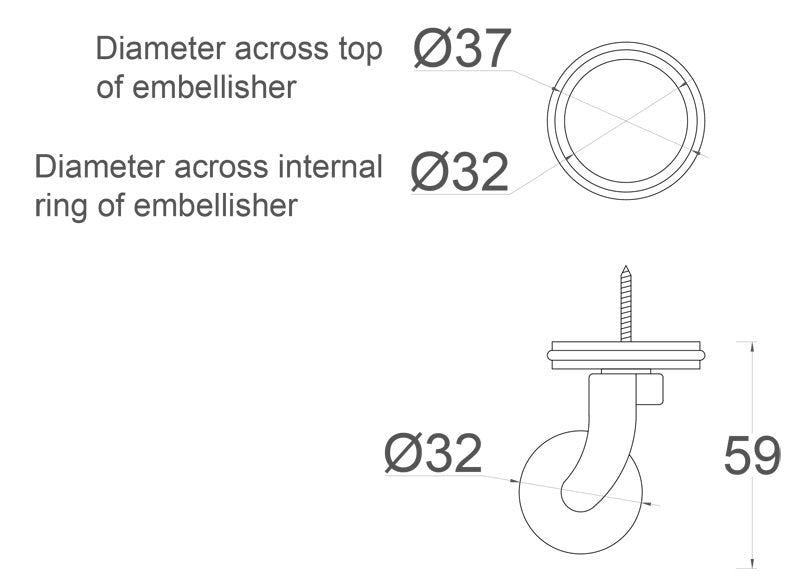 Chrome Screw Castor with Black Ceramic Wheel and Round Embellisher